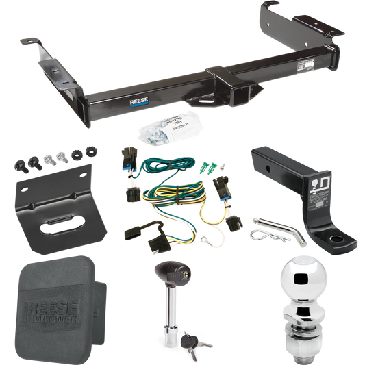 Se adapta al paquete de remolque con enganche para remolque Chevrolet Express 2500 2003-2023 con 4 cables planos + soporte de bola con caída de 4" + bola de 2" + soporte de cableado + bloqueo de enganche + cubierta de enganche de Reese Towpower