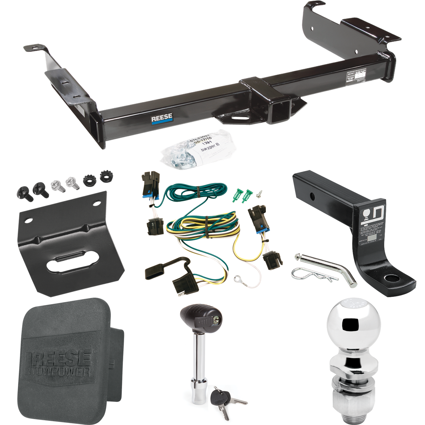 Fits 2003-2014 Chevrolet Express 1500 Trailer Hitch Tow PKG w/ 4-Flat Wiring + Ball Mount w/ 4" Drop + 2" Ball + Wiring Bracket + Hitch Lock + Hitch Cover By Reese Towpower