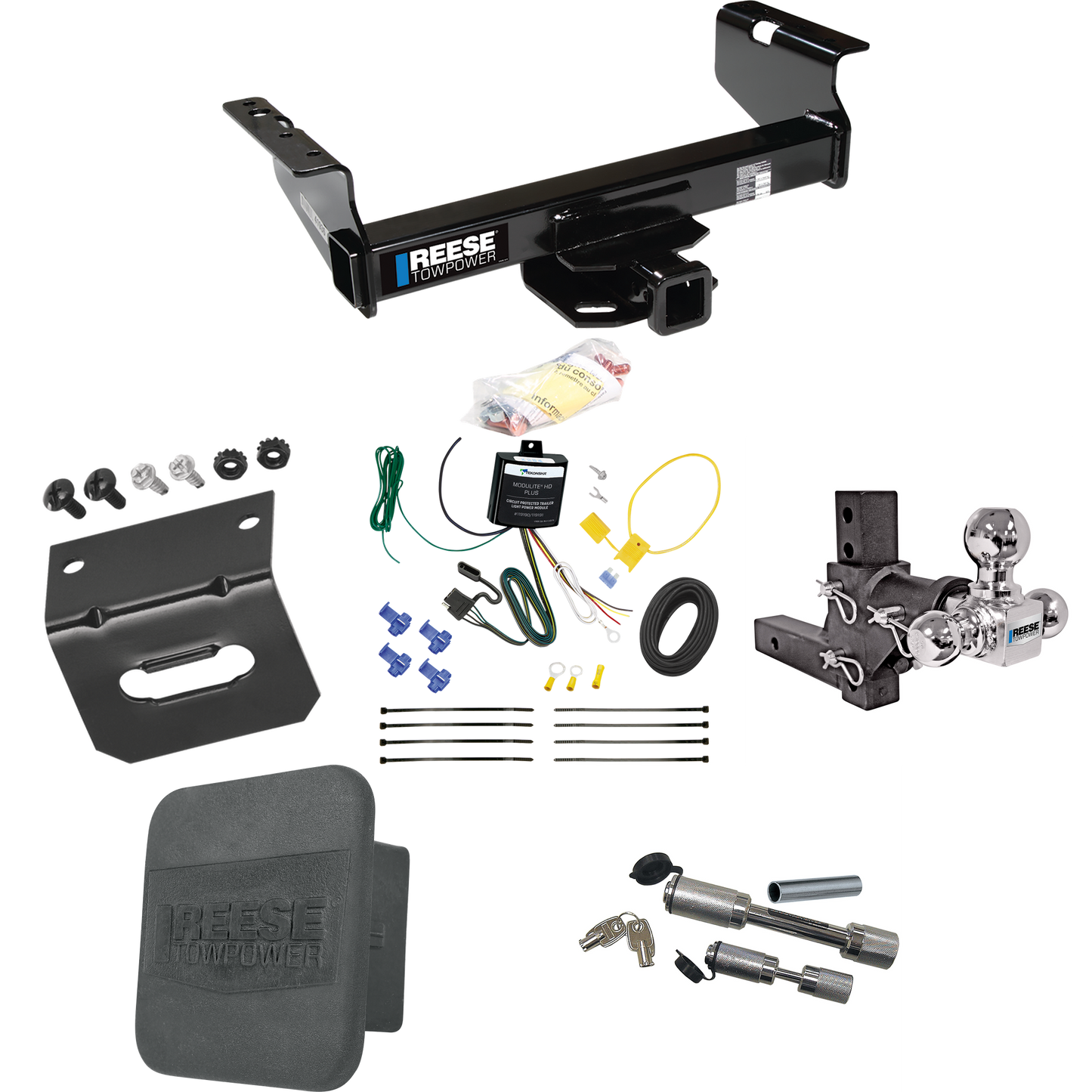 Fits 2007-2023 GMC Sierra 3500 HD Trailer Hitch Tow PKG w/ 4-Flat Wiring Harness + Adjustable Drop Rise Triple Ball Ball Mount 1-7/8" & 2" & 2-5/16" Trailer Balls + Dual Hitch & Coupler Locks + Hitch Cover + Wiring Bracket (For Cab & Chassis, w/34" W