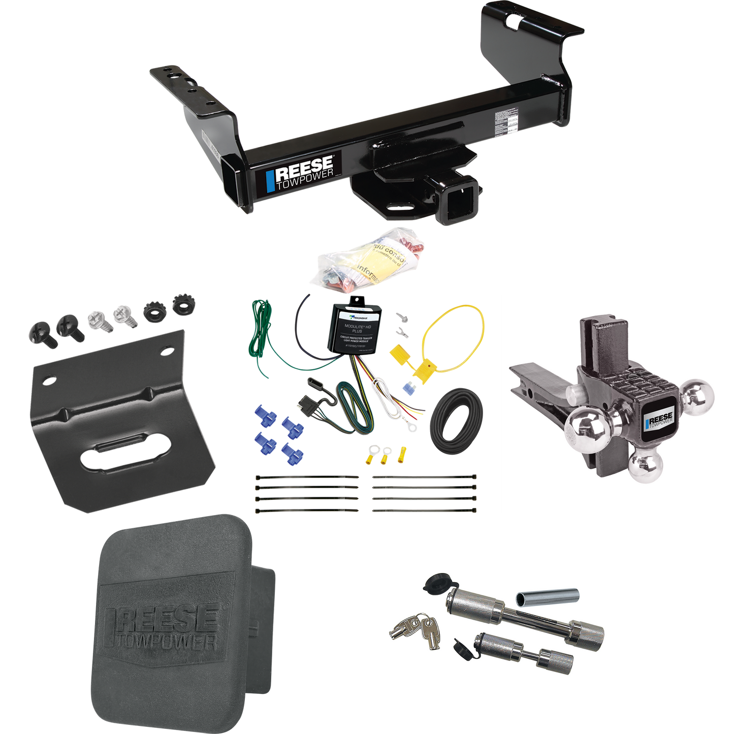 Fits 2007-2023 GMC Sierra 3500 HD Trailer Hitch Tow PKG w/ 4-Flat Wiring Harness + Adjustable Drop Rise Triple Ball Ball Mount 1-7/8" & 2" & 2-5/16" Trailer Balls + Dual Hitch & Coupler Locks + Hitch Cover + Wiring Bracket (For Cab & Chassis, w/34" W