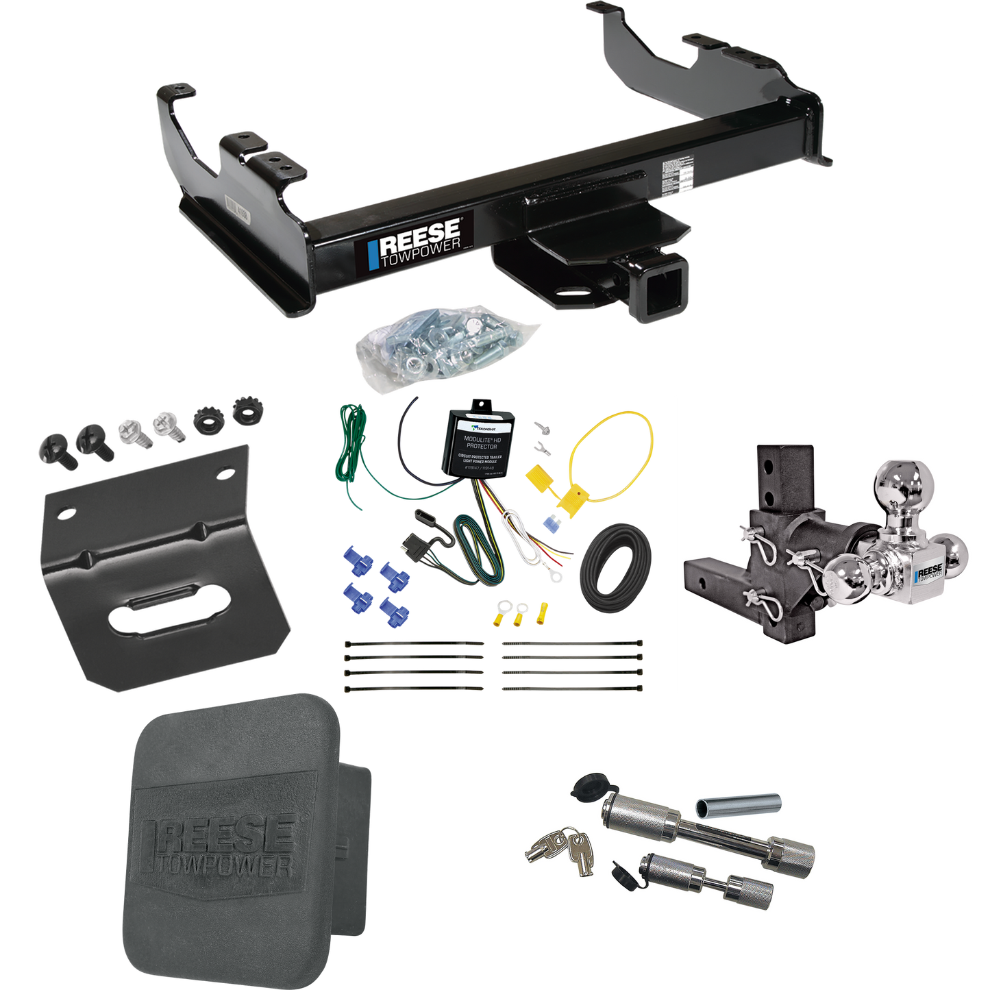 Fits 2007-2023 GMC Sierra 3500 HD Trailer Hitch Tow PKG w/ 4-Flat Wiring Harness + Adjustable Drop Rise Triple Ball Ball Mount 1-7/8" & 2" & 2-5/16" Trailer Balls + Dual Hitch & Coupler Locks + Hitch Cover + Wiring Bracket (For Cab & Chassis, w/34" W