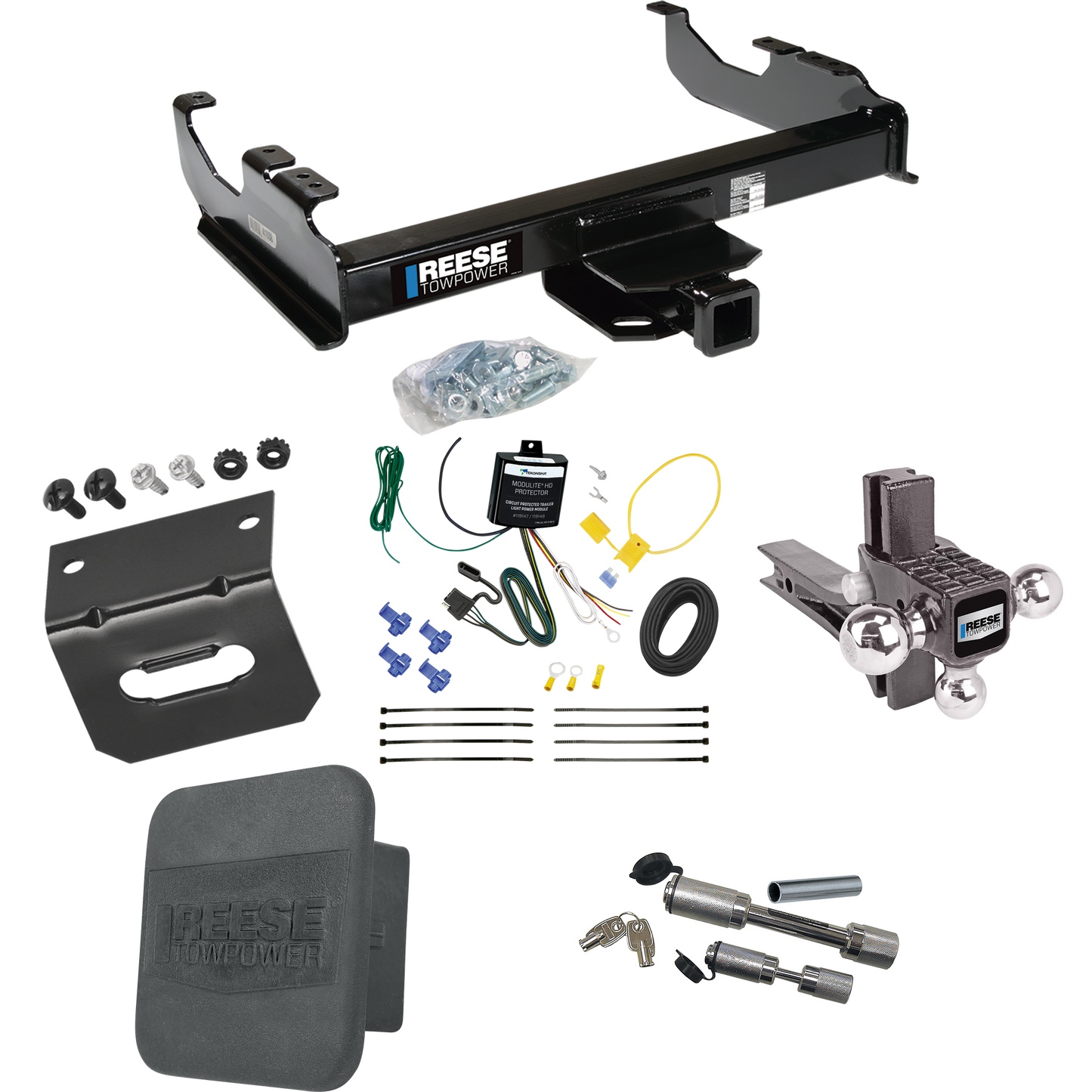 Fits 2007-2023 GMC Sierra 3500 HD Trailer Hitch Tow PKG w/ 4-Flat Wiring Harness + Adjustable Drop Rise Triple Ball Ball Mount 1-7/8" & 2" & 2-5/16" Trailer Balls + Dual Hitch & Coupler Locks + Hitch Cover + Wiring Bracket (For Cab & Chassis, w/34" W