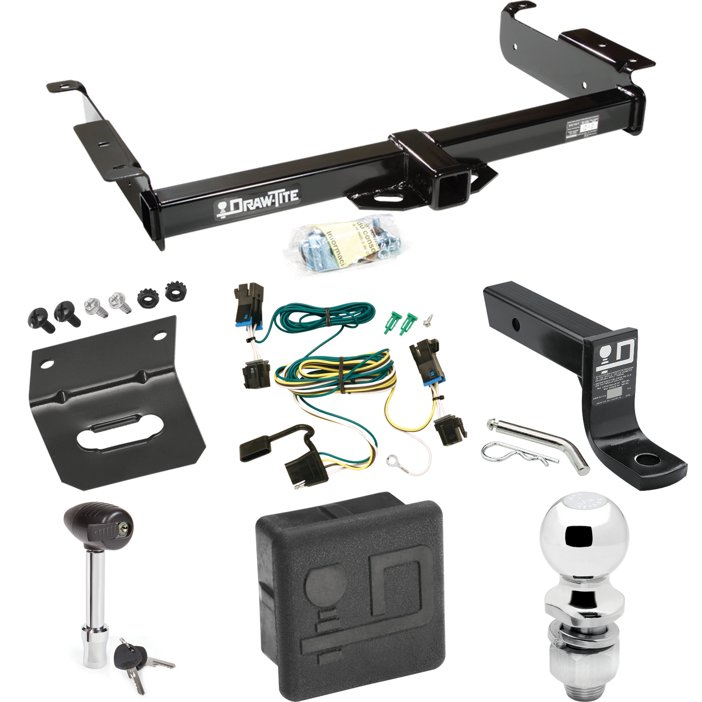 Se adapta al paquete de enganche de remolque GMC Savana 2500 2003-2023 con 4 cables planos + soporte de bola con caída de 4" + bola de 2" + soporte de cableado + bloqueo de enganche + cubierta de enganche de Draw-Tite