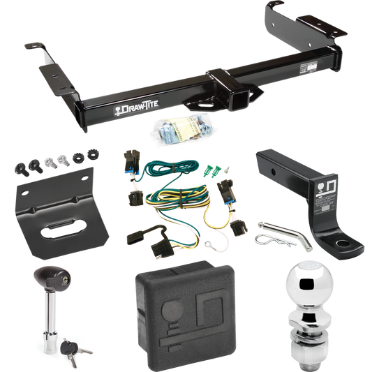 Se adapta al paquete de enganche de remolque GMC Savana 2500 2003-2023 con 4 cables planos + soporte de bola con caída de 4" + bola de 2" + soporte de cableado + bloqueo de enganche + cubierta de enganche de Draw-Tite