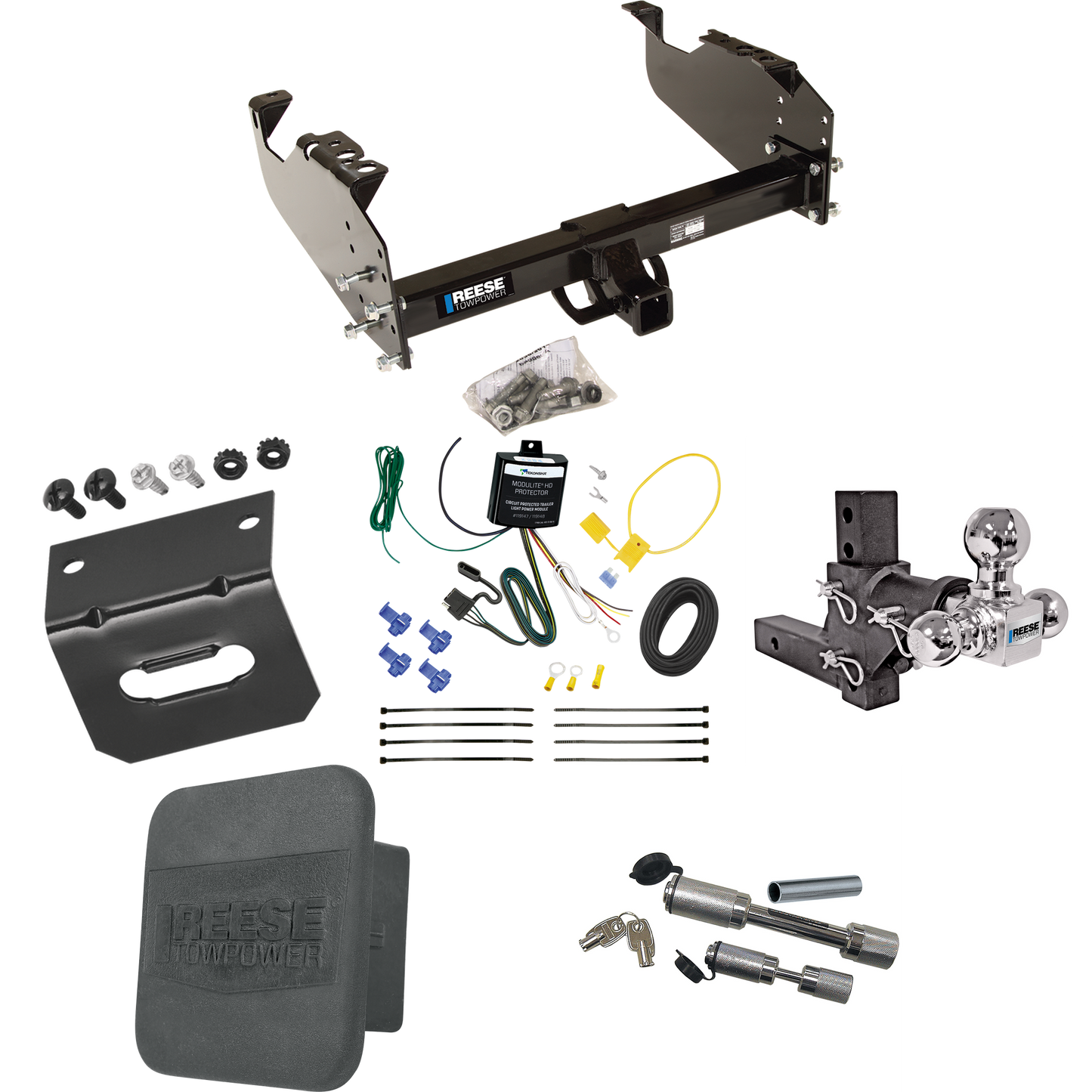 Fits 2007-2023 GMC Sierra 3500 HD Trailer Hitch Tow PKG w/ 4-Flat Wiring Harness + Adjustable Drop Rise Triple Ball Ball Mount 1-7/8" & 2" & 2-5/16" Trailer Balls + Dual Hitch & Coupler Locks + Hitch Cover + Wiring Bracket (For Cab & Chassis, w/34" W