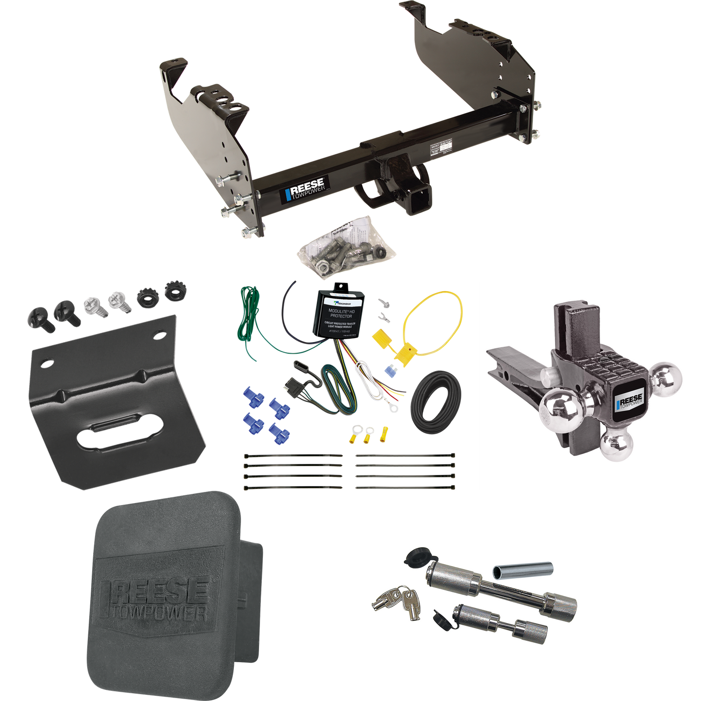 Fits 2007-2023 GMC Sierra 3500 HD Trailer Hitch Tow PKG w/ 4-Flat Wiring Harness + Adjustable Drop Rise Triple Ball Ball Mount 1-7/8" & 2" & 2-5/16" Trailer Balls + Dual Hitch & Coupler Locks + Hitch Cover + Wiring Bracket (For Cab & Chassis, w/34" W