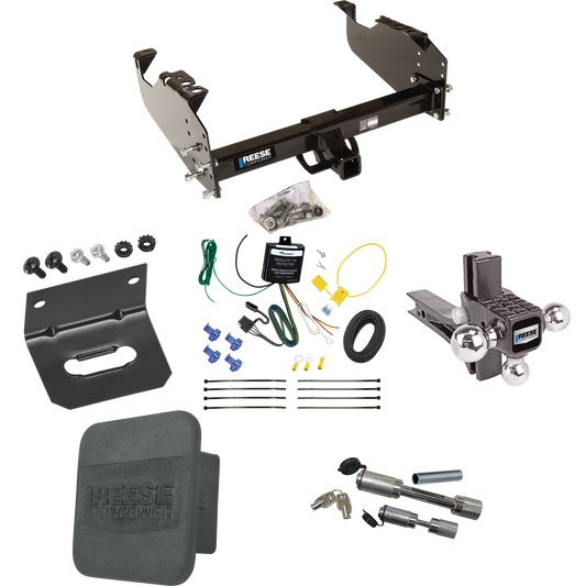 Fits 2007-2023 GMC Sierra 3500 HD Trailer Hitch Tow PKG w/ 4-Flat Wiring Harness + Adjustable Drop Rise Triple Ball Ball Mount 1-7/8" & 2" & 2-5/16" Trailer Balls + Dual Hitch & Coupler Locks + Hitch Cover + Wiring Bracket (For Cab & Chassis, w/34" W