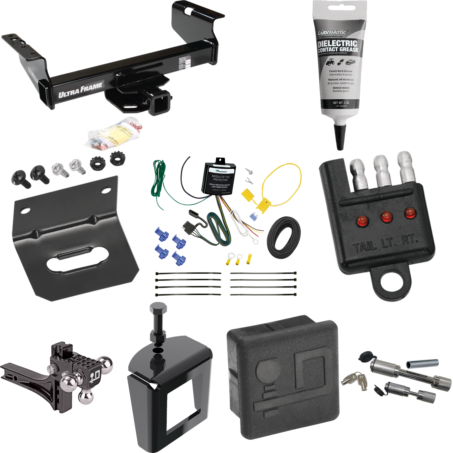 Fits 2007-2024 GMC Sierra 3500 HD Trailer Hitch Tow PKG w/ 4-Flat Wiring Harness + Adjustable Drop Rise Triple Ball Ball Mount 1-7/8" & 2" & 2-5/16" Trailer Balls + Dual Hitch & Coupler Locks + Hitch Cover + Wiring Bracket + Wiring Tester + Electric