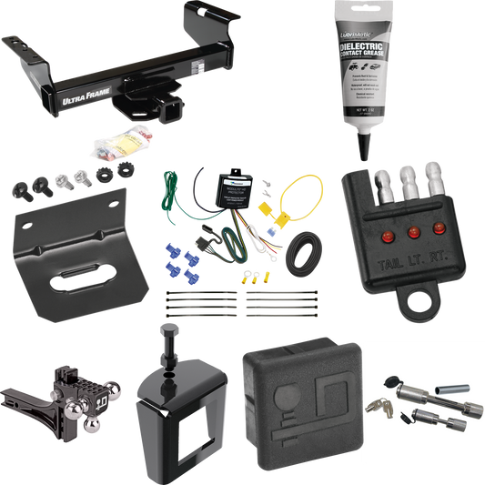 Fits 2007-2024 GMC Sierra 3500 HD Trailer Hitch Tow PKG w/ 4-Flat Wiring Harness + Adjustable Drop Rise Triple Ball Ball Mount 1-7/8" & 2" & 2-5/16" Trailer Balls + Dual Hitch & Coupler Locks + Hitch Cover + Wiring Bracket + Wiring Tester + Electric