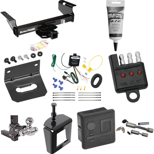 Fits 2007-2024 GMC Sierra 3500 HD Trailer Hitch Tow PKG w/ 4-Flat Wiring Harness + Adjustable Drop Rise Triple Ball Ball Mount 1-7/8" & 2" & 2-5/16" Trailer Balls + Dual Hitch & Coupler Locks + Hitch Cover + Wiring Bracket + Wiring Tester + Electric