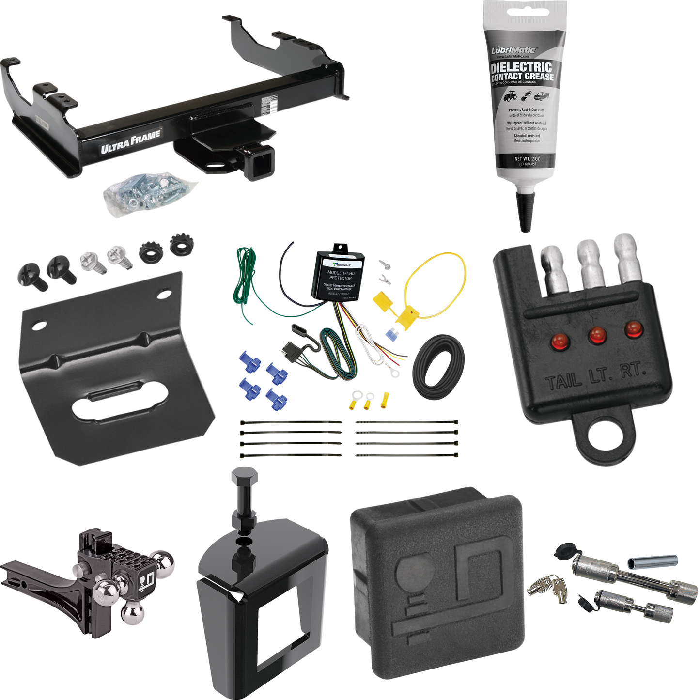 Fits 2007-2023 GMC Sierra 3500 HD Trailer Hitch Tow PKG w/ 4-Flat Wiring Harness + Adjustable Drop Rise Triple Ball Ball Mount 1-7/8" & 2" & 2-5/16" Trailer Balls + Dual Hitch & Coupler Locks + Hitch Cover + Wiring Bracket + Wiring Tester + Electric