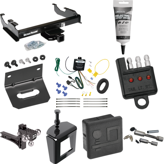 Fits 2007-2023 GMC Sierra 3500 HD Trailer Hitch Tow PKG w/ 4-Flat Wiring Harness + Adjustable Drop Rise Triple Ball Ball Mount 1-7/8" & 2" & 2-5/16" Trailer Balls + Dual Hitch & Coupler Locks + Hitch Cover + Wiring Bracket + Wiring Tester + Electric