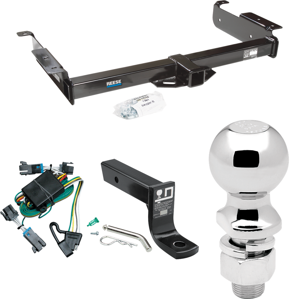 Fits 2000-2002 Chevrolet Express 1500 Trailer Hitch Tow PKG w/ 4-Flat Wiring + Ball Mount w/ 4" Drop + 2-5/16" Ball By Reese Towpower