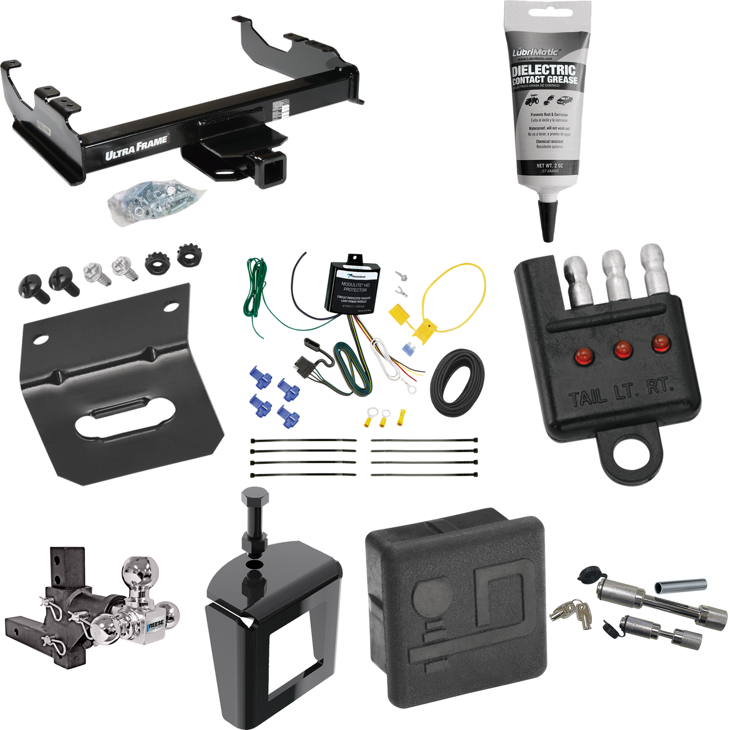 Fits 2007-2023 GMC Sierra 3500 HD Trailer Hitch Tow PKG w/ 4-Flat Wiring Harness + Adjustable Drop Rise Triple Ball Ball Mount 1-7/8" & 2" & 2-5/16" Trailer Balls + Dual Hitch & Coupler Locks + Hitch Cover + Wiring Bracket + Wiring Tester + Electric