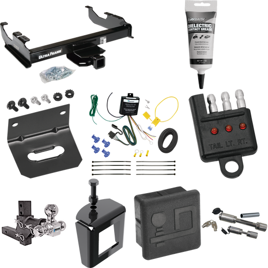 Fits 2007-2023 GMC Sierra 3500 HD Trailer Hitch Tow PKG w/ 4-Flat Wiring Harness + Adjustable Drop Rise Triple Ball Ball Mount 1-7/8" & 2" & 2-5/16" Trailer Balls + Dual Hitch & Coupler Locks + Hitch Cover + Wiring Bracket + Wiring Tester + Electric