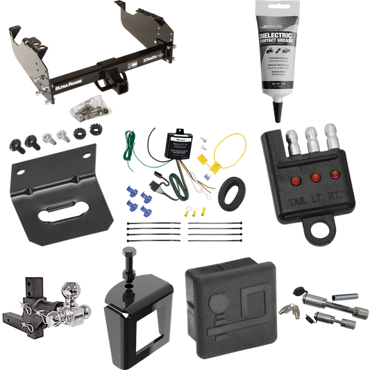 Fits 2007-2024 GMC Sierra 3500 HD Trailer Hitch Tow PKG w/ 4-Flat Wiring Harness + Adjustable Drop Rise Triple Ball Ball Mount 1-7/8" & 2" & 2-5/16" Trailer Balls + Dual Hitch & Coupler Locks + Hitch Cover + Wiring Bracket + Wiring Tester + Electric