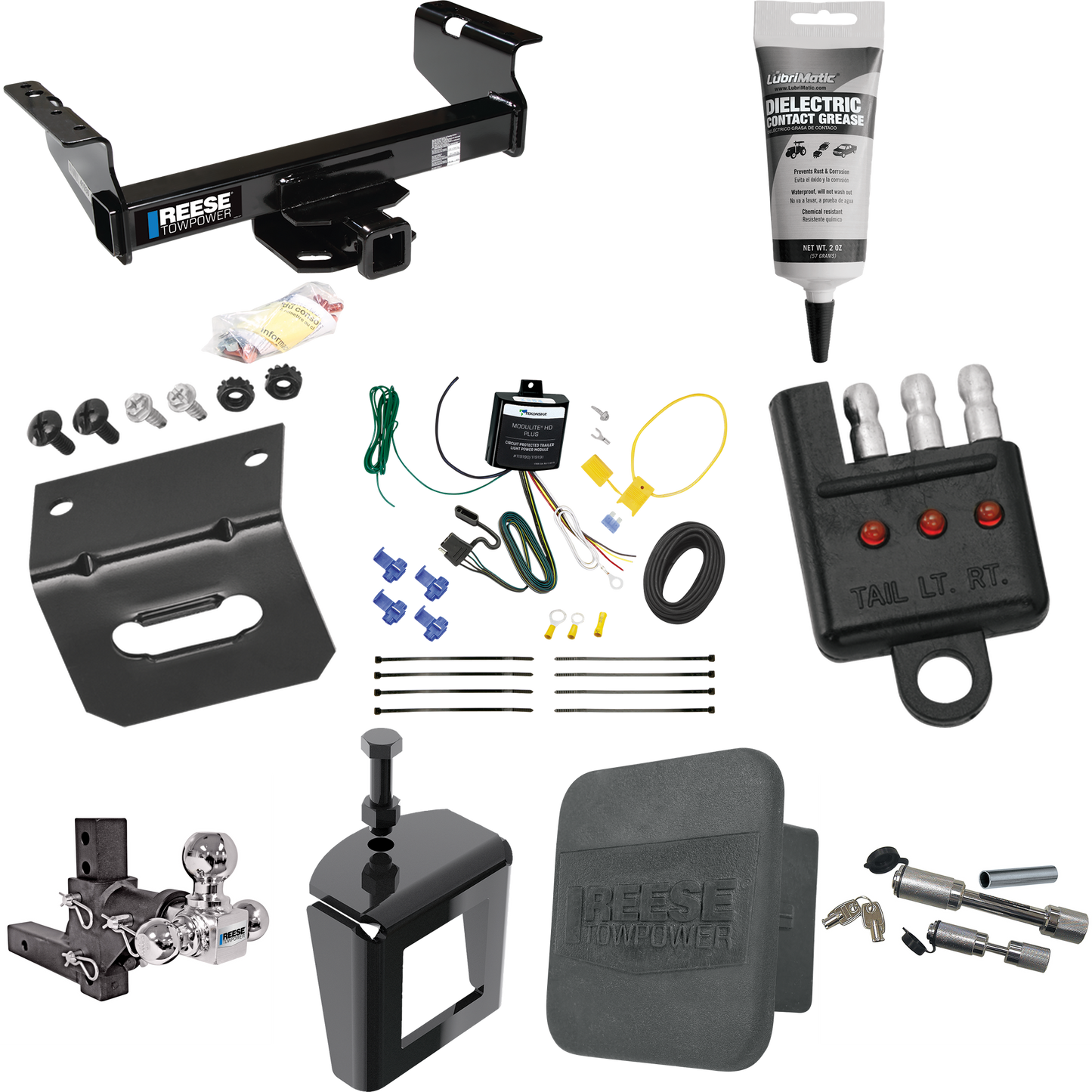 Fits 2001-2007 GMC Sierra 3500 Trailer Hitch Tow PKG w/ 4-Flat Wiring Harness + Adjustable Drop Rise Triple Ball Ball Mount 1-7/8" & 2" & 2-5/16" Trailer Balls + Dual Hitch & Coupler Locks + Hitch Cover + Wiring Bracket + Wiring Tester + Electric Gre