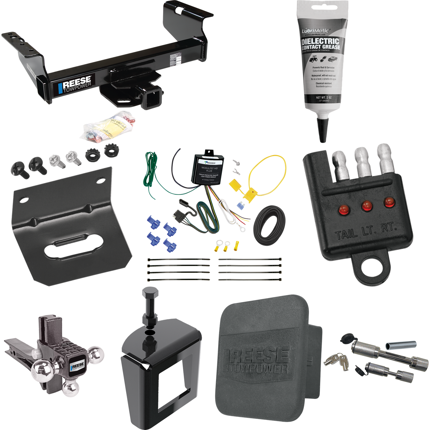 Fits 2007-2023 GMC Sierra 3500 HD Trailer Hitch Tow PKG w/ 4-Flat Wiring Harness + Adjustable Drop Rise Triple Ball Ball Mount 1-7/8" & 2" & 2-5/16" Trailer Balls + Dual Hitch & Coupler Locks + Hitch Cover + Wiring Bracket + Wiring Tester + Electric