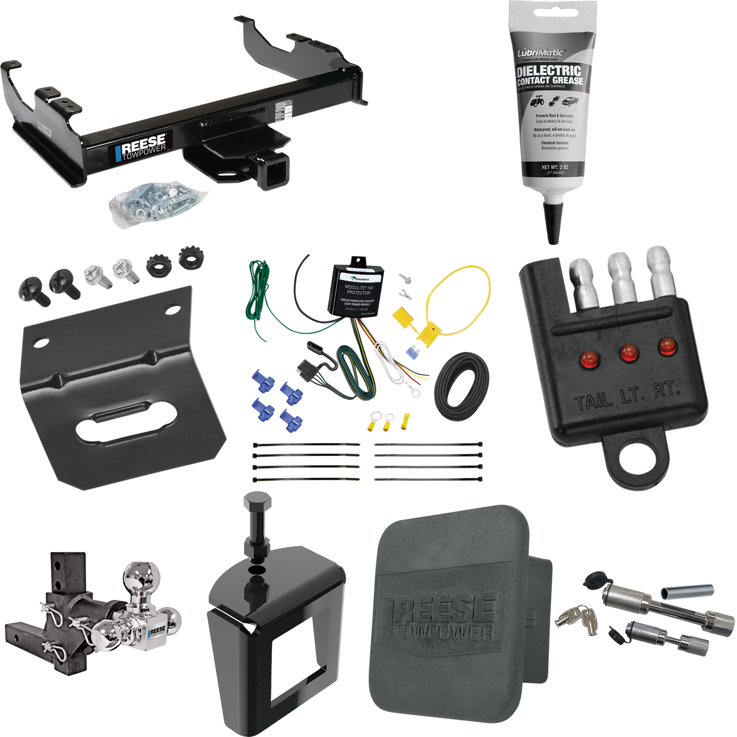 Fits 2001-2007 GMC Sierra 3500 Trailer Hitch Tow PKG w/ 4-Flat Wiring Harness + Adjustable Drop Rise Triple Ball Ball Mount 1-7/8" & 2" & 2-5/16" Trailer Balls + Dual Hitch & Coupler Locks + Hitch Cover + Wiring Bracket + Wiring Tester + Electric Gre