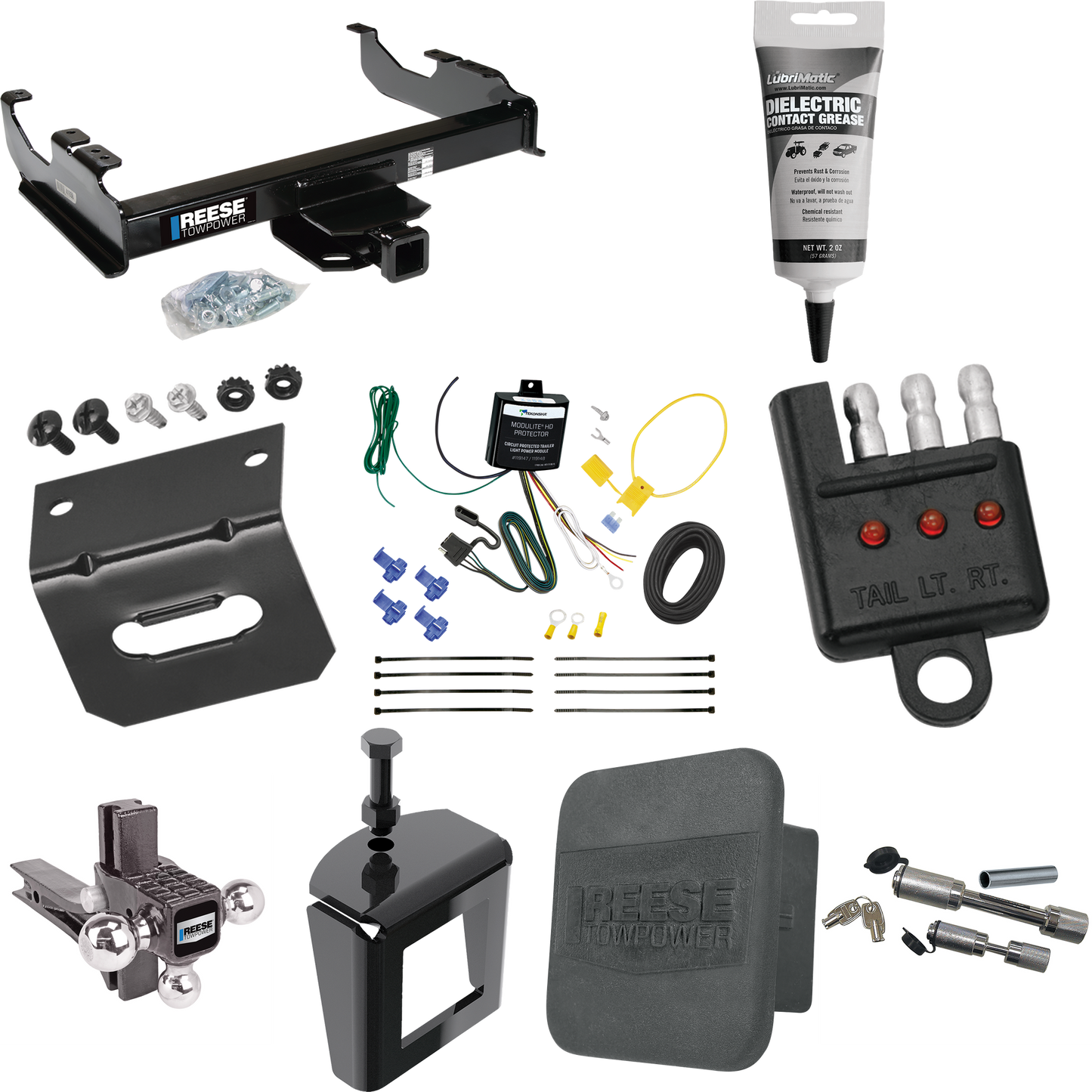 Fits 2007-2023 GMC Sierra 3500 HD Trailer Hitch Tow PKG w/ 4-Flat Wiring Harness + Adjustable Drop Rise Triple Ball Ball Mount 1-7/8" & 2" & 2-5/16" Trailer Balls + Dual Hitch & Coupler Locks + Hitch Cover + Wiring Bracket + Wiring Tester + Electric