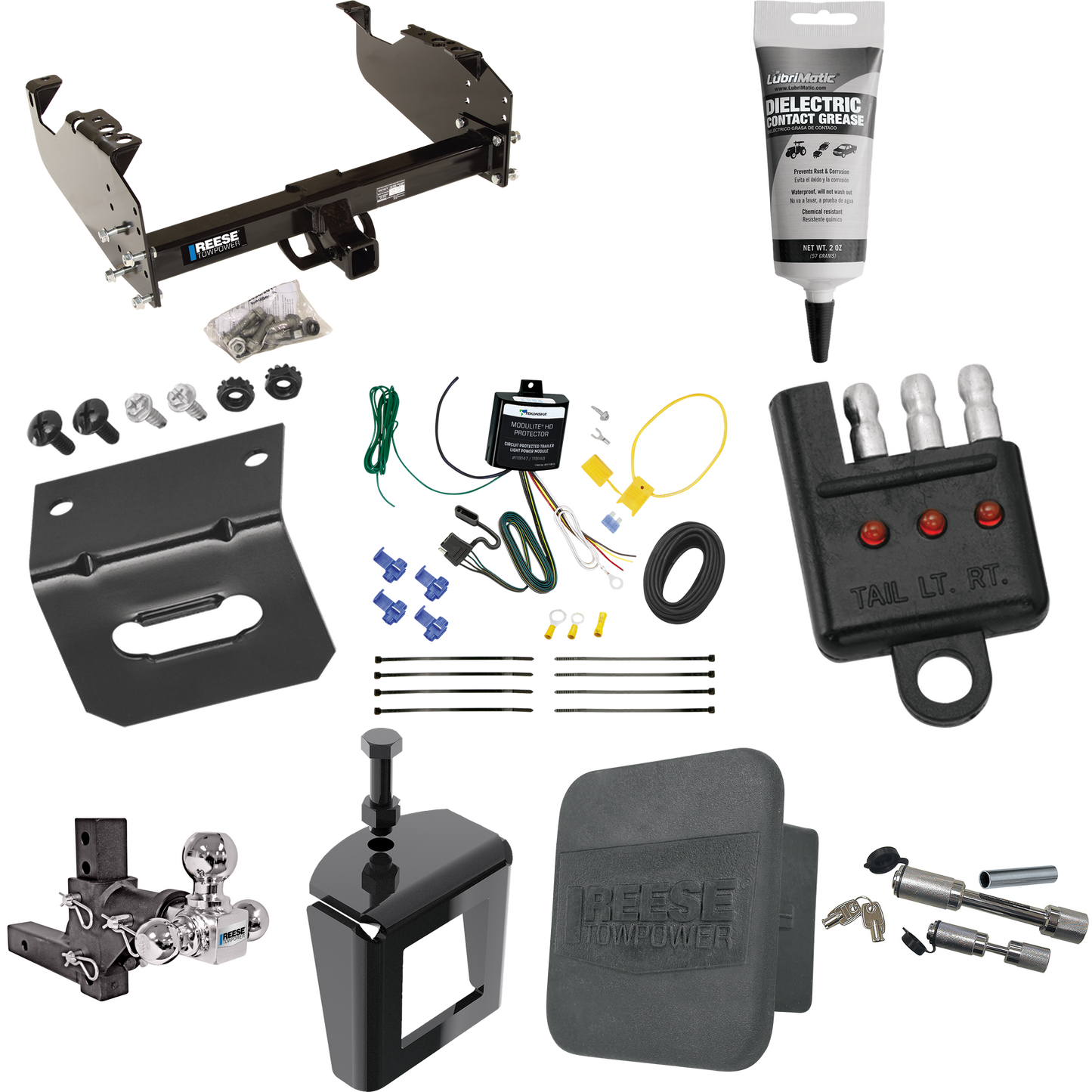 Fits 2008-2009 Sterling Truck Bullet 55 Trailer Hitch Tow PKG w/ 4-Flat Wiring Harness + Adjustable Drop Rise Triple Ball Ball Mount 1-7/8" & 2" & 2-5/16" Trailer Balls + Dual Hitch & Coupler Locks + Hitch Cover + Wiring Bracket + Wiring Tester + Ele