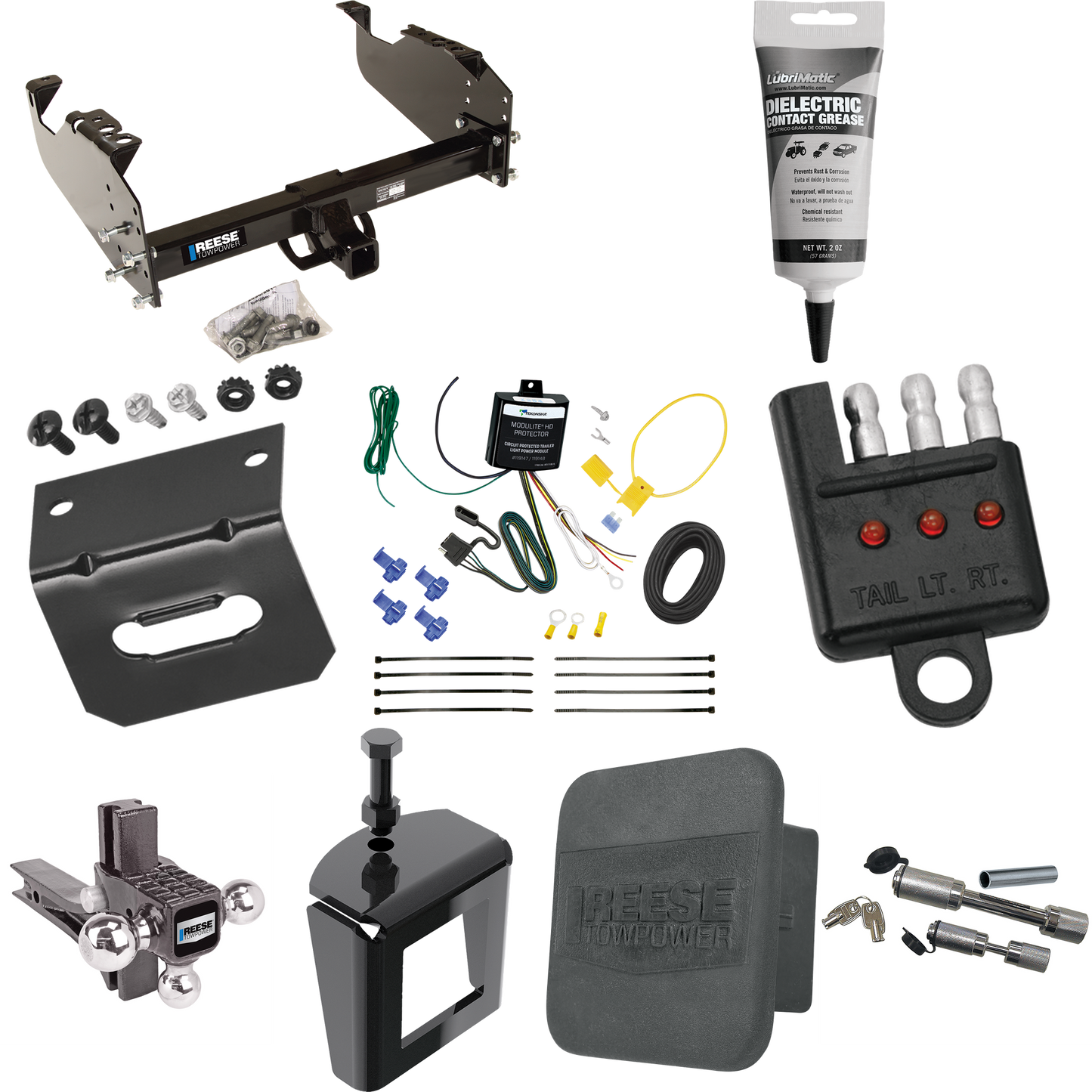 Fits 2007-2023 GMC Sierra 3500 HD Trailer Hitch Tow PKG w/ 4-Flat Wiring Harness + Adjustable Drop Rise Triple Ball Ball Mount 1-7/8" & 2" & 2-5/16" Trailer Balls + Dual Hitch & Coupler Locks + Hitch Cover + Wiring Bracket + Wiring Tester + Electric