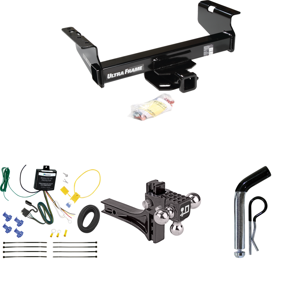 Fits 2007-2024 GMC Sierra 3500 HD Trailer Hitch Tow PKG w/ 4-Flat Wiring Harness + Adjustable Drop Rise Triple Ball Ball Mount 1-7/8" & 2" & 2-5/16" Trailer Balls + Pin/Clip (For Cab & Chassis, w/34" Wide Frames Models) By Draw-Tite