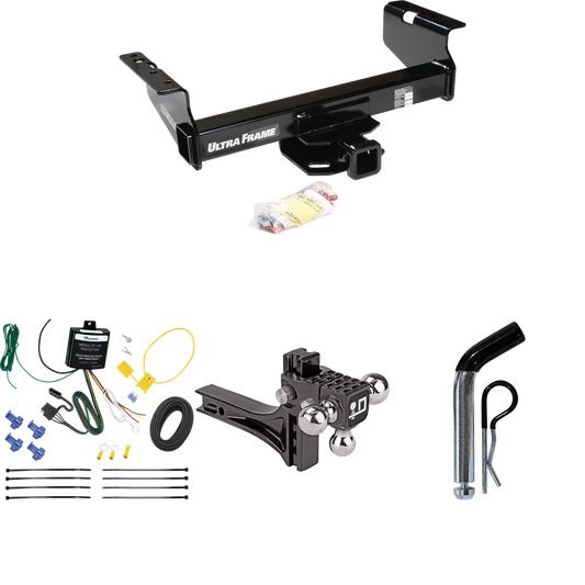 Fits 2007-2024 GMC Sierra 3500 HD Trailer Hitch Tow PKG w/ 4-Flat Wiring Harness + Adjustable Drop Rise Triple Ball Ball Mount 1-7/8" & 2" & 2-5/16" Trailer Balls + Pin/Clip (For Cab & Chassis, w/34" Wide Frames Models) By Draw-Tite