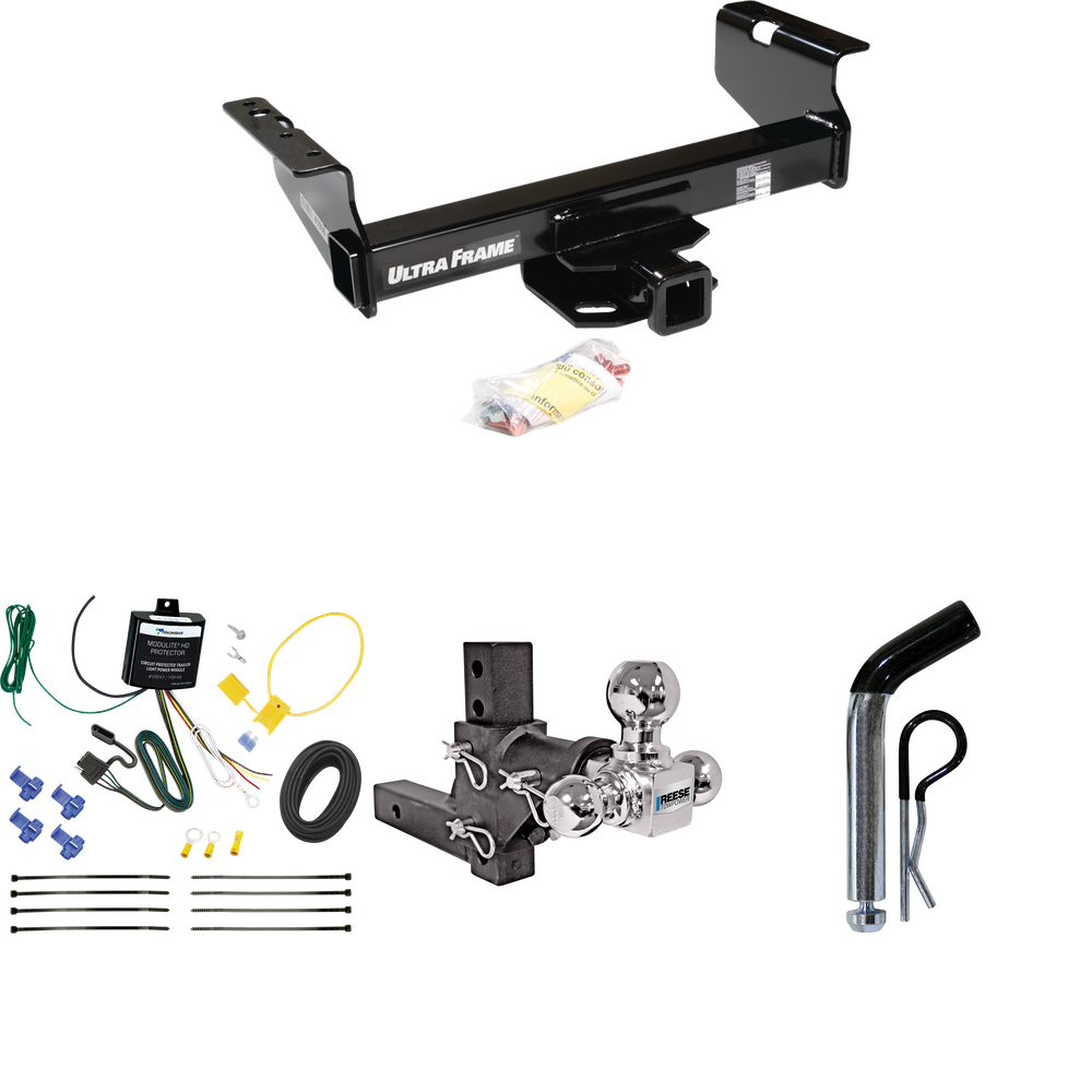 Fits 2007-2024 GMC Sierra 3500 HD Trailer Hitch Tow PKG w/ 4-Flat Wiring Harness + Adjustable Drop Rise Triple Ball Ball Mount 1-7/8" & 2" & 2-5/16" Trailer Balls + Pin/Clip (For Cab & Chassis, w/34" Wide Frames Models) By Draw-Tite