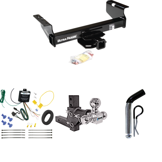 Fits 2007-2024 GMC Sierra 3500 HD Trailer Hitch Tow PKG w/ 4-Flat Wiring Harness + Adjustable Drop Rise Triple Ball Ball Mount 1-7/8" & 2" & 2-5/16" Trailer Balls + Pin/Clip (For Cab & Chassis, w/34" Wide Frames Models) By Draw-Tite