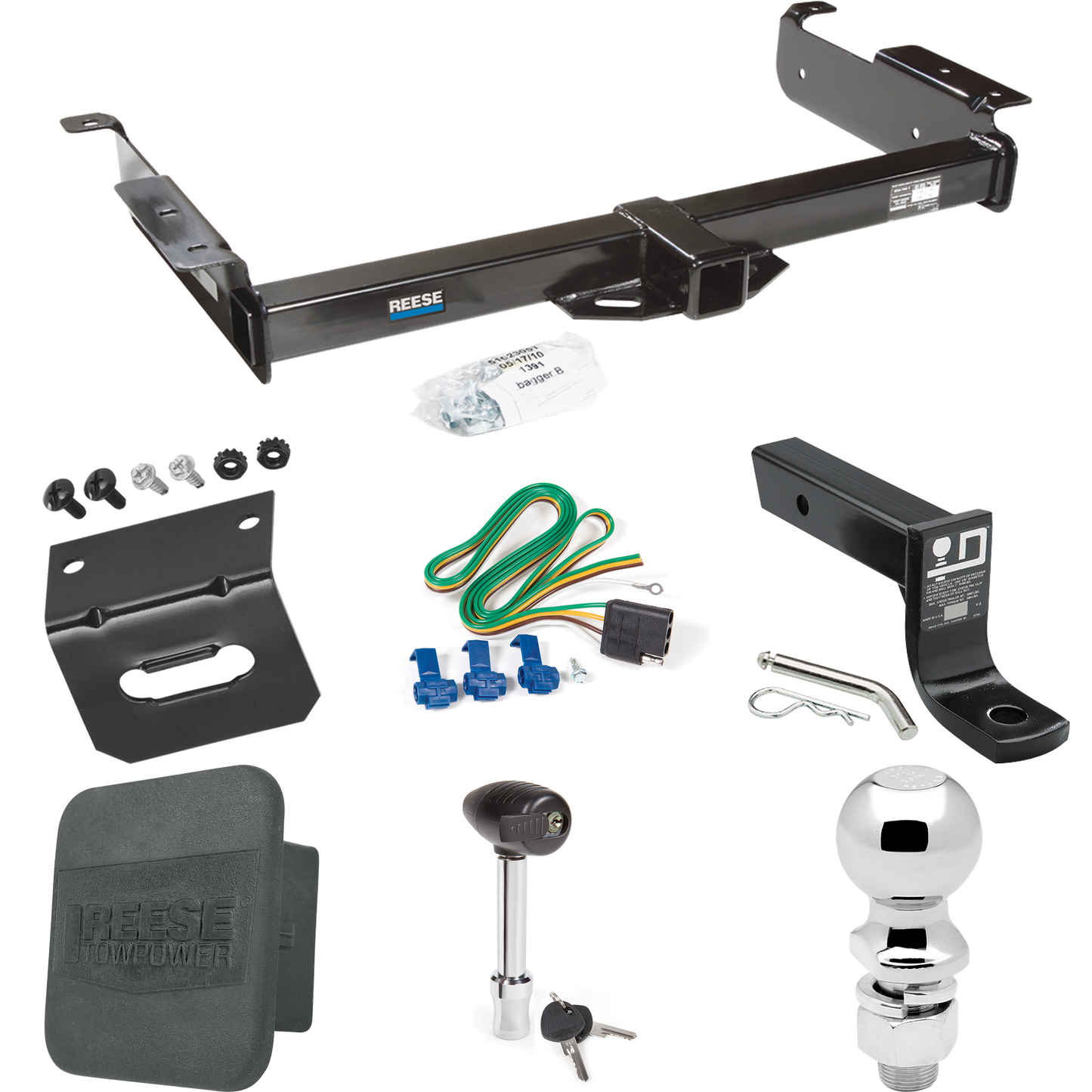 Fits 1996-1999 GMC Savana 1500 Trailer Hitch Tow PKG w/ 4-Flat Wiring + Ball Mount w/ 4" Drop + 2-5/16" Ball + Wiring Bracket + Hitch Lock + Hitch Cover By Reese Towpower