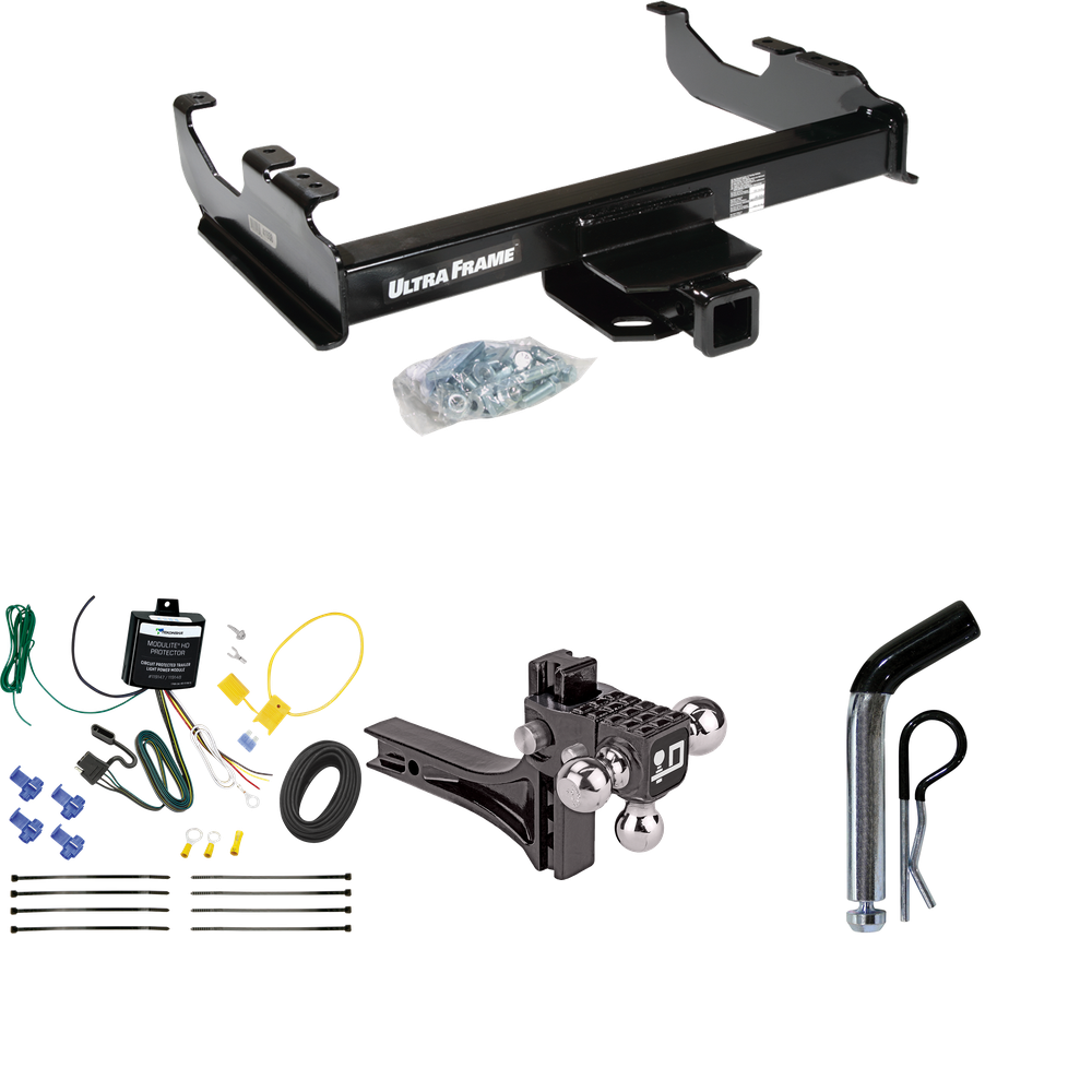 Fits 2007-2023 GMC Sierra 3500 HD Trailer Hitch Tow PKG w/ 4-Flat Wiring Harness + Adjustable Drop Rise Triple Ball Ball Mount 1-7/8" & 2" & 2-5/16" Trailer Balls + Pin/Clip (For Cab & Chassis, w/34" Wide Frames Models) By Draw-Tite