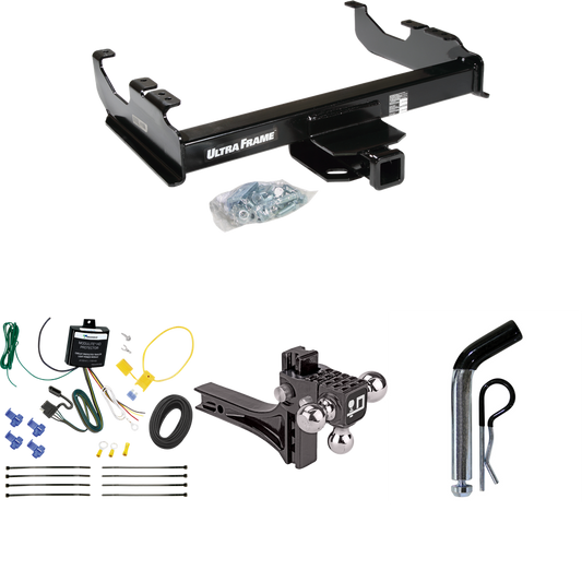 Fits 2007-2023 GMC Sierra 3500 HD Trailer Hitch Tow PKG w/ 4-Flat Wiring Harness + Adjustable Drop Rise Triple Ball Ball Mount 1-7/8" & 2" & 2-5/16" Trailer Balls + Pin/Clip (For Cab & Chassis, w/34" Wide Frames Models) By Draw-Tite