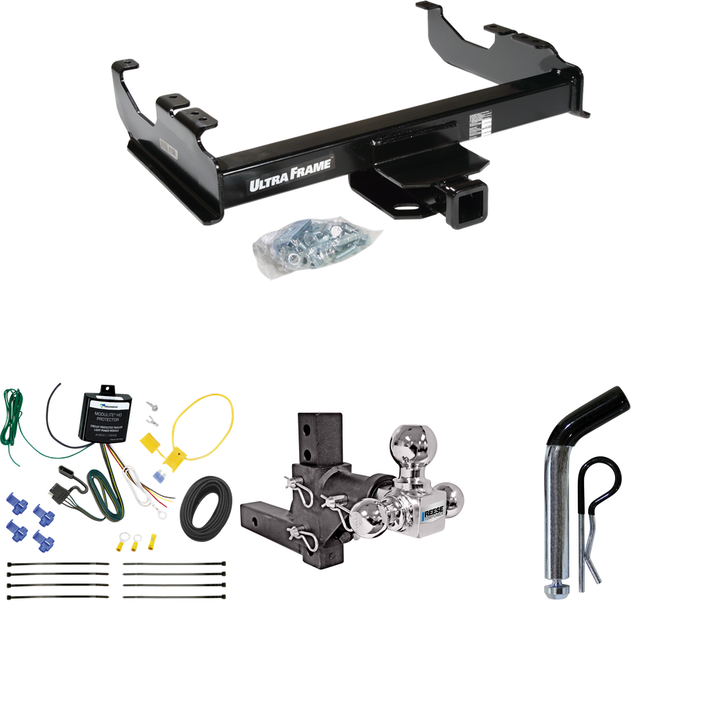 Fits 2007-2023 GMC Sierra 3500 HD Trailer Hitch Tow PKG w/ 4-Flat Wiring Harness + Adjustable Drop Rise Triple Ball Ball Mount 1-7/8" & 2" & 2-5/16" Trailer Balls + Pin/Clip (For Cab & Chassis, w/34" Wide Frames Models) By Draw-Tite