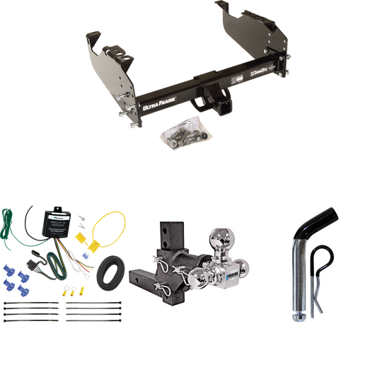 Fits 2007-2024 GMC Sierra 3500 HD Trailer Hitch Tow PKG w/ 4-Flat Wiring Harness + Adjustable Drop Rise Triple Ball Ball Mount 1-7/8" & 2" & 2-5/16" Trailer Balls + Pin/Clip (For Cab & Chassis, w/34" Wide Frames Models) By Draw-Tite