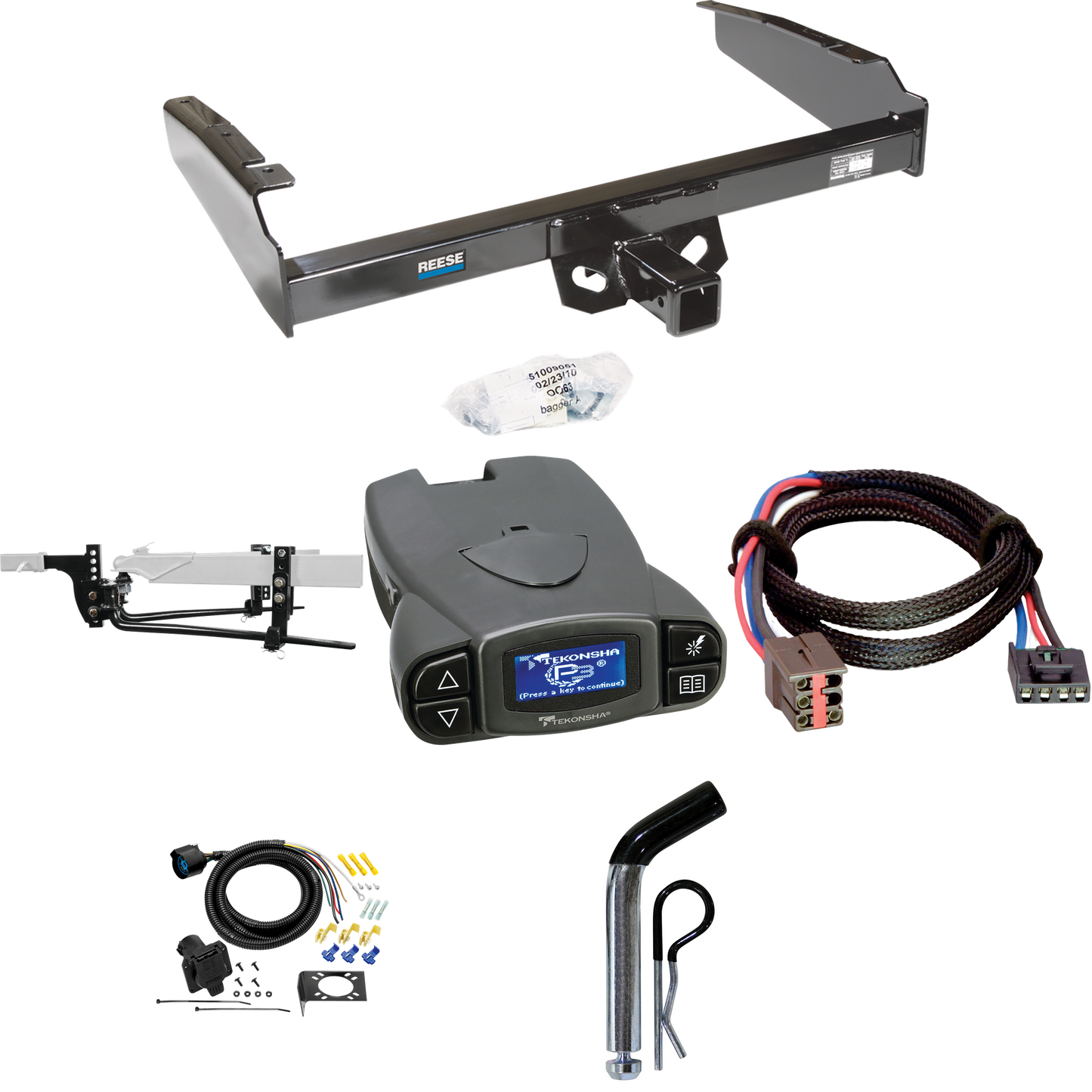 Fits 1997-1997 Ford F-250 HD Trailer Hitch Tow PKG w/ 11.5K Round Bar Weight Distribution Hitch w/ 2-5/16" Ball + Pin/Clip + Tekonsha Prodigy P3 Brake Control + Plug & Play BC Adapter + 7-Way RV Wiring By Reese Towpower