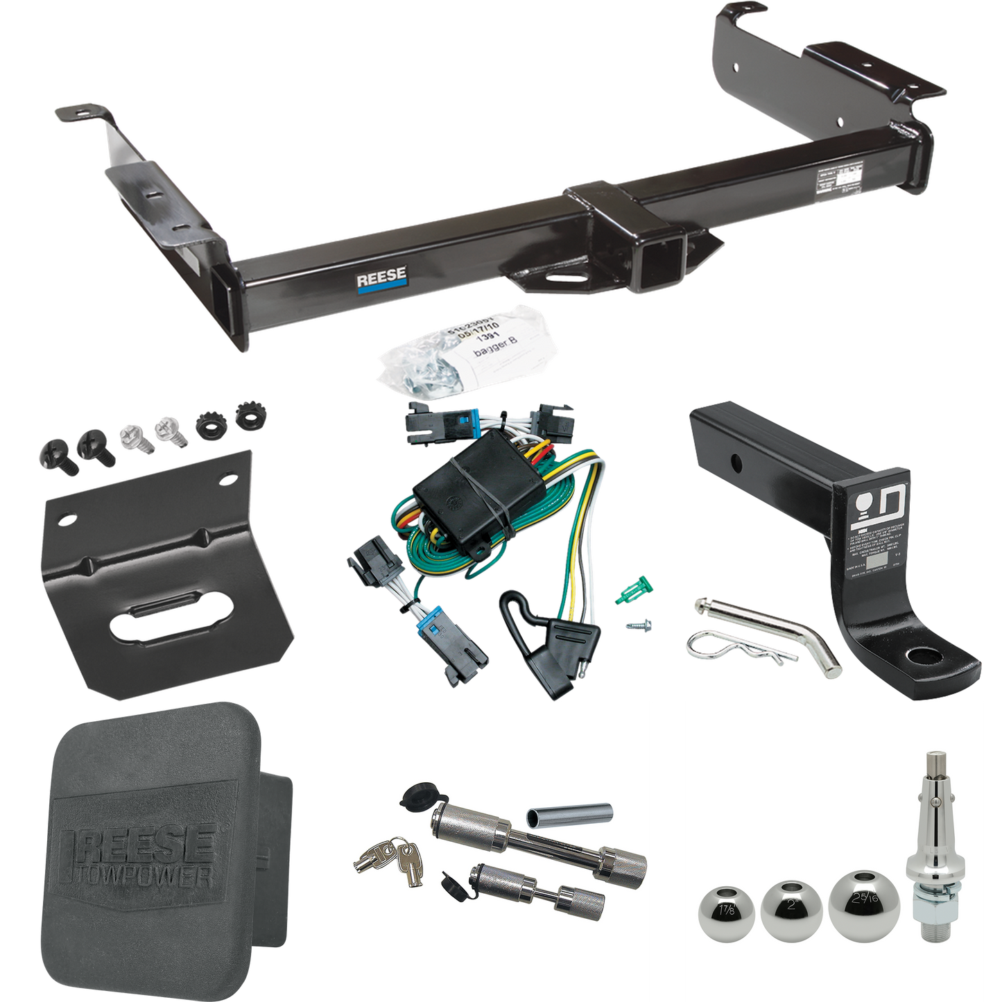 Fits 2000-2002 Chevrolet Express 3500 Trailer Hitch Tow PKG w/ 4-Flat Wiring + Ball Mount w/ 4" Drop + Interchangeable Ball 1-7/8" & 2" & 2-5/16" + Wiring Bracket + Dual Hitch & Coupler Locks + Hitch Cover By Reese Towpower