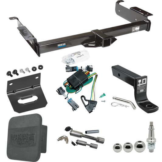 Fits 2000-2002 Chevrolet Express 3500 Trailer Hitch Tow PKG w/ 4-Flat Wiring + Ball Mount w/ 4" Drop + Interchangeable Ball 1-7/8" & 2" & 2-5/16" + Wiring Bracket + Dual Hitch & Coupler Locks + Hitch Cover By Reese Towpower