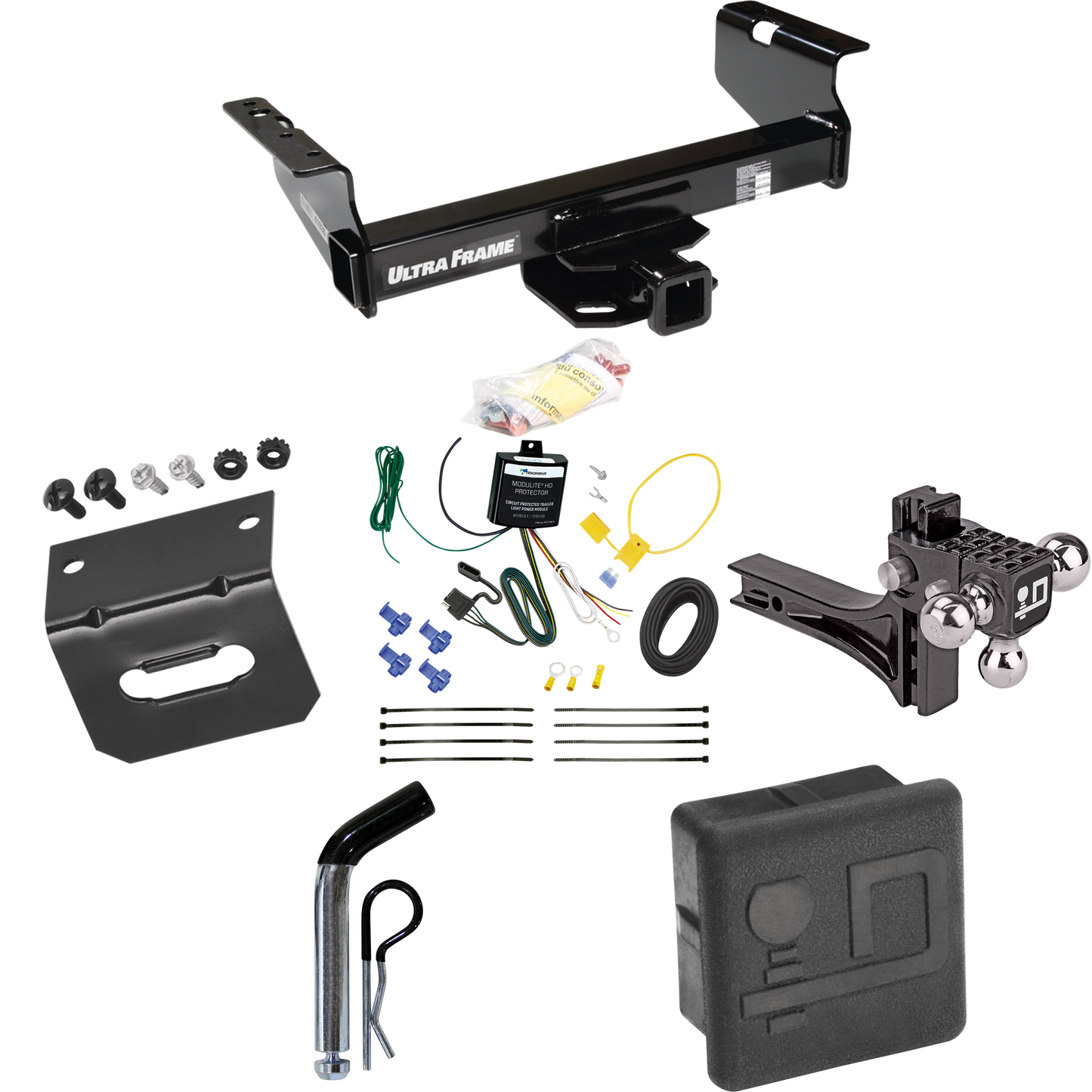 Fits 2007-2024 GMC Sierra 3500 HD Trailer Hitch Tow PKG w/ 4-Flat Wiring Harness + Adjustable Drop Rise Triple Ball Ball Mount 1-7/8" & 2" & 2-5/16" Trailer Balls + Pin/Clip + Hitch Cover + Wiring Bracket (For Cab & Chassis, w/34" Wide Frames Models)