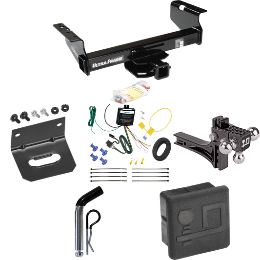 Fits 2007-2024 GMC Sierra 3500 HD Trailer Hitch Tow PKG w/ 4-Flat Wiring Harness + Adjustable Drop Rise Triple Ball Ball Mount 1-7/8" & 2" & 2-5/16" Trailer Balls + Pin/Clip + Hitch Cover + Wiring Bracket (For Cab & Chassis, w/34" Wide Frames Models)