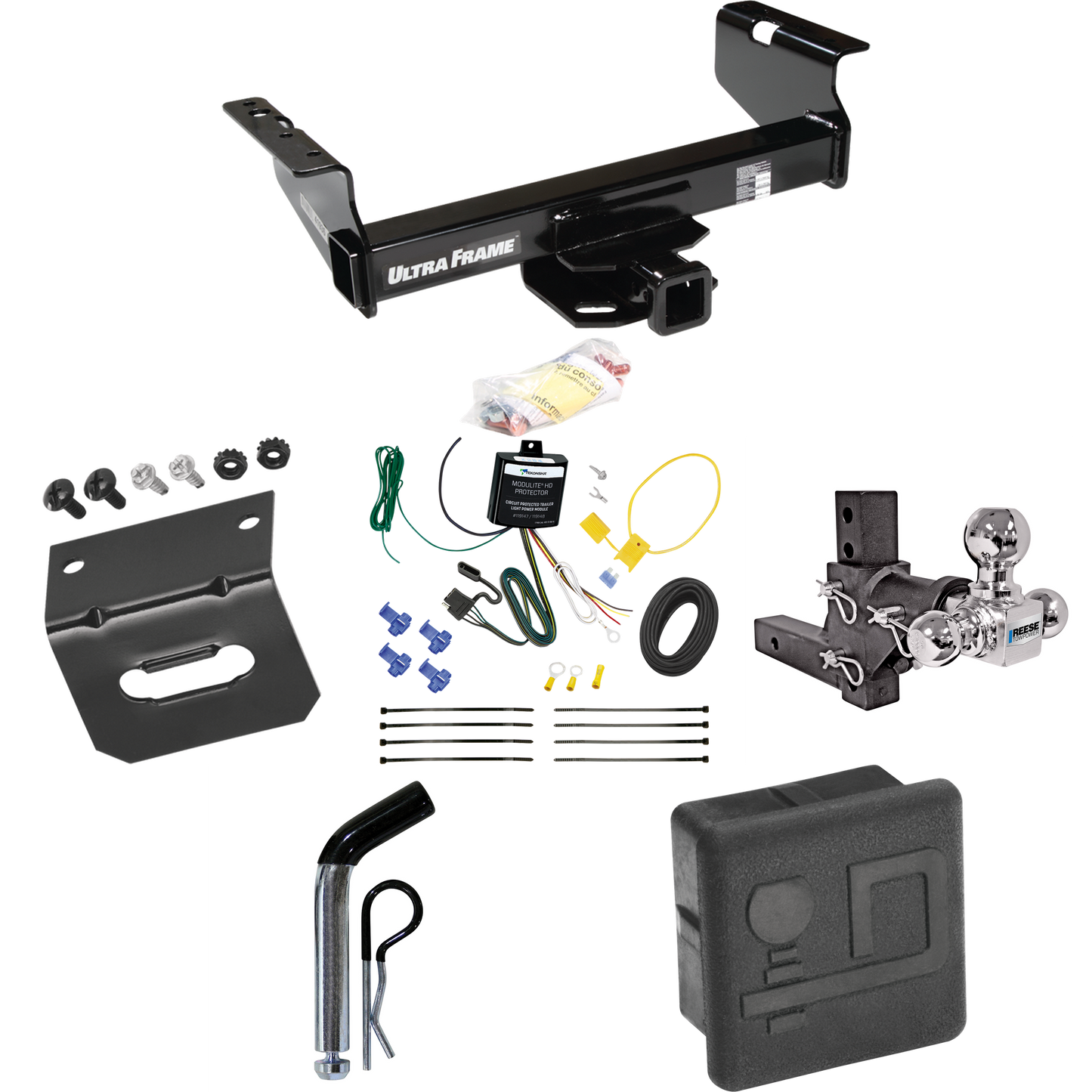 Fits 2007-2024 GMC Sierra 3500 HD Trailer Hitch Tow PKG w/ 4-Flat Wiring Harness + Adjustable Drop Rise Triple Ball Ball Mount 1-7/8" & 2" & 2-5/16" Trailer Balls + Pin/Clip + Hitch Cover + Wiring Bracket (For Cab & Chassis, w/34" Wide Frames Models)