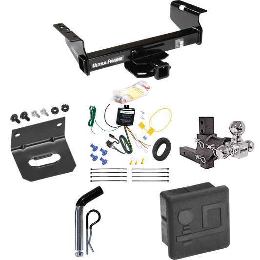 Fits 2007-2024 GMC Sierra 3500 HD Trailer Hitch Tow PKG w/ 4-Flat Wiring Harness + Adjustable Drop Rise Triple Ball Ball Mount 1-7/8" & 2" & 2-5/16" Trailer Balls + Pin/Clip + Hitch Cover + Wiring Bracket (For Cab & Chassis, w/34" Wide Frames Models)