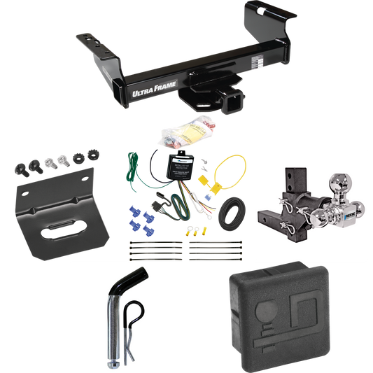 Fits 2001-2007 Chevrolet Silverado 3500 Trailer Hitch Tow PKG w/ 4-Flat Wiring Harness + Adjustable Drop Rise Triple Ball Ball Mount 1-7/8" & 2" & 2-5/16" Trailer Balls + Pin/Clip + Hitch Cover + Wiring Bracket (For (Classic), Cab & Chassis, w/34" Wi