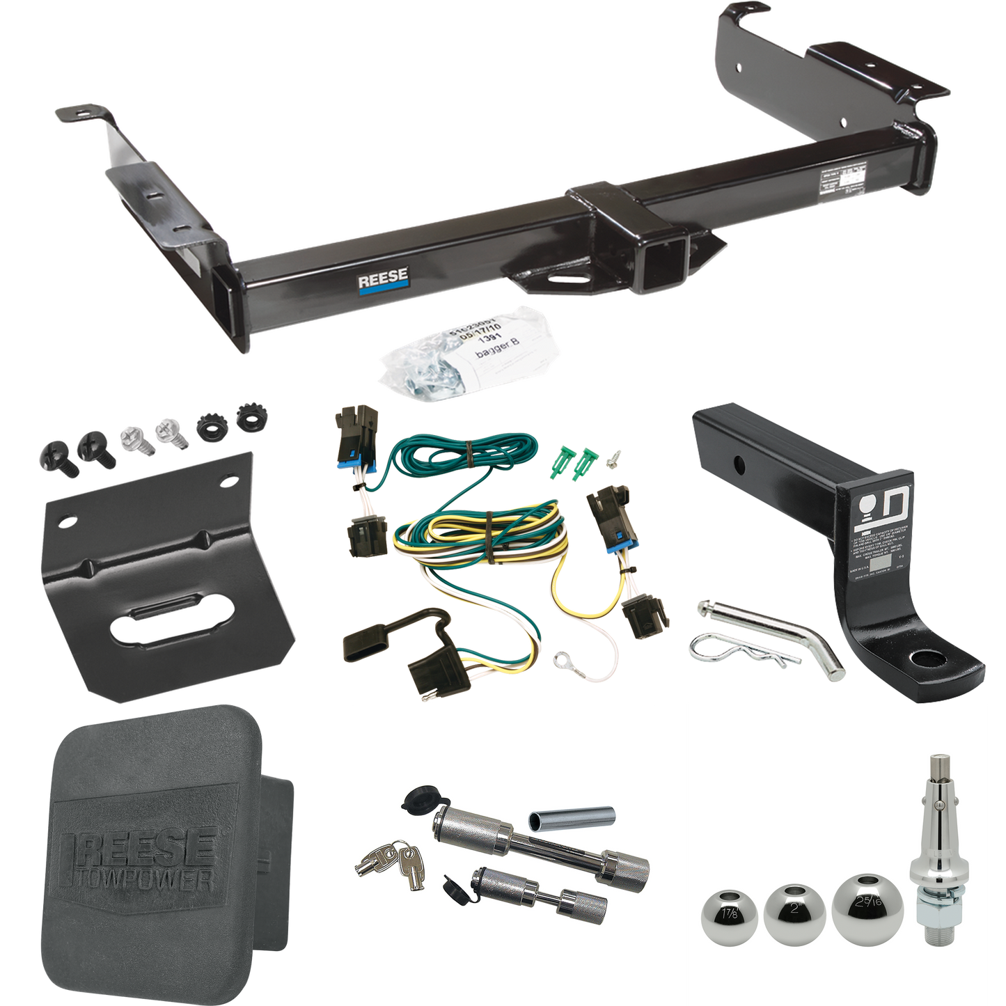 Fits 2003-2014 GMC Savana 1500 Trailer Hitch Tow PKG w/ 4-Flat Wiring + Ball Mount w/ 4" Drop + Interchangeable Ball 1-7/8" & 2" & 2-5/16" + Wiring Bracket + Dual Hitch & Coupler Locks + Hitch Cover By Reese Towpower