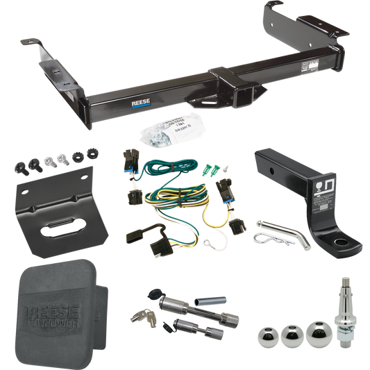 Fits 2003-2014 GMC Savana 1500 Trailer Hitch Tow PKG w/ 4-Flat Wiring + Ball Mount w/ 4" Drop + Interchangeable Ball 1-7/8" & 2" & 2-5/16" + Wiring Bracket + Dual Hitch & Coupler Locks + Hitch Cover By Reese Towpower