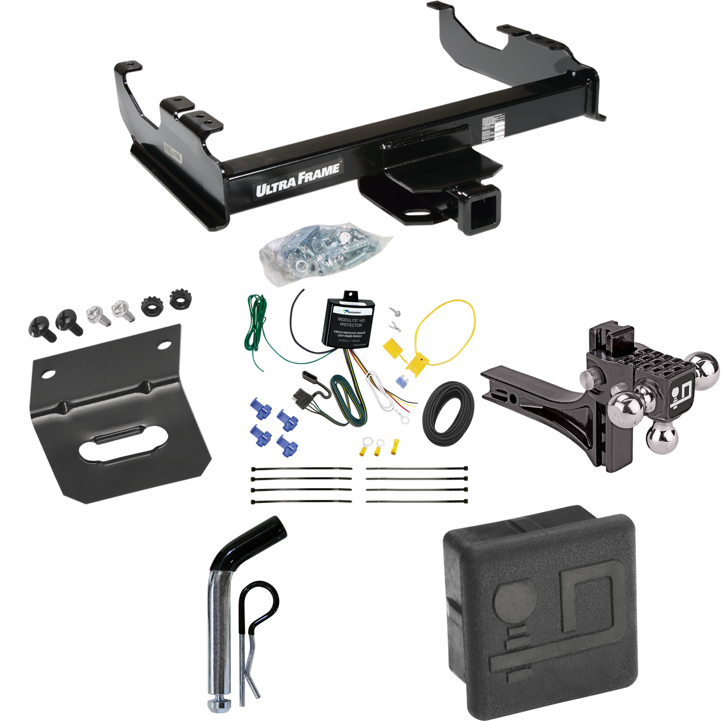 Fits 2007-2023 GMC Sierra 3500 HD Trailer Hitch Tow PKG w/ 4-Flat Wiring Harness + Adjustable Drop Rise Triple Ball Ball Mount 1-7/8" & 2" & 2-5/16" Trailer Balls + Pin/Clip + Hitch Cover + Wiring Bracket (For Cab & Chassis, w/34" Wide Frames Models)