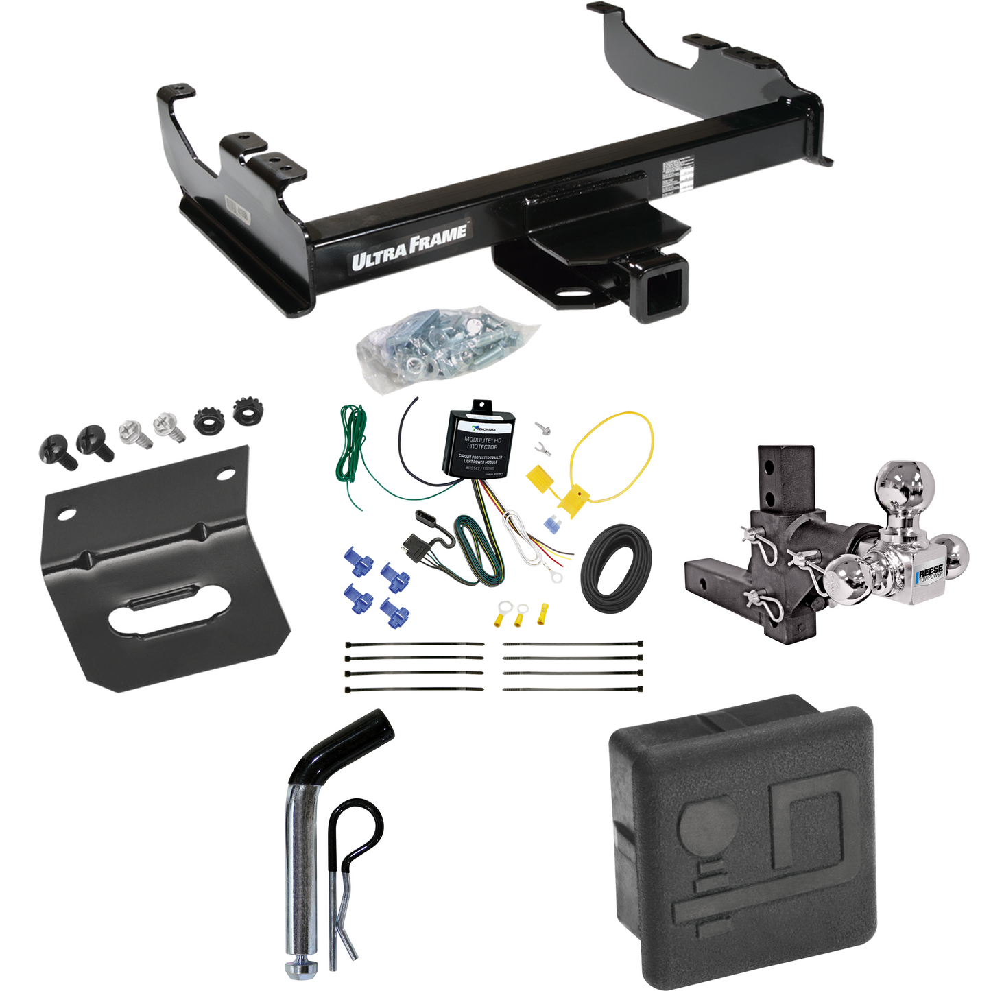 Fits 2007-2023 GMC Sierra 3500 HD Trailer Hitch Tow PKG w/ 4-Flat Wiring Harness + Adjustable Drop Rise Triple Ball Ball Mount 1-7/8" & 2" & 2-5/16" Trailer Balls + Pin/Clip + Hitch Cover + Wiring Bracket (For Cab & Chassis, w/34" Wide Frames Models)