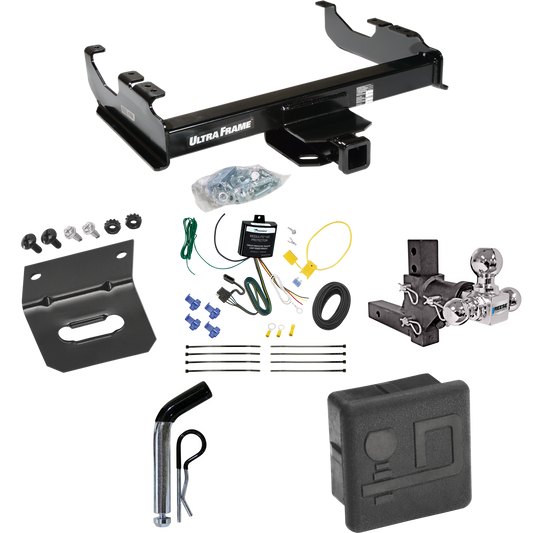 Fits 2007-2023 GMC Sierra 3500 HD Trailer Hitch Tow PKG w/ 4-Flat Wiring Harness + Adjustable Drop Rise Triple Ball Ball Mount 1-7/8" & 2" & 2-5/16" Trailer Balls + Pin/Clip + Hitch Cover + Wiring Bracket (For Cab & Chassis, w/34" Wide Frames Models)