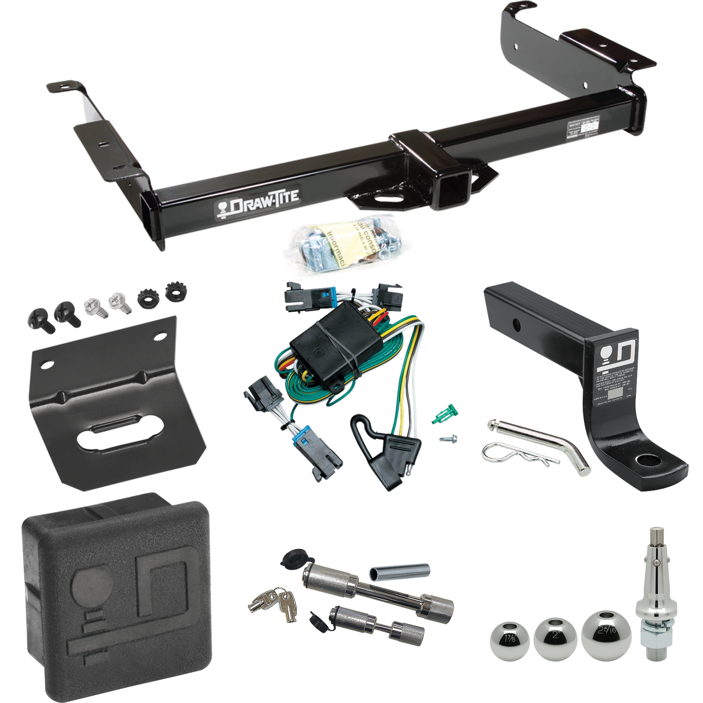 Fits 2000-2002 Chevrolet Express 3500 Trailer Hitch Tow PKG w/ 4-Flat Wiring + Ball Mount w/ 4" Drop + Interchangeable Ball 1-7/8" & 2" & 2-5/16" + Wiring Bracket + Dual Hitch & Coupler Locks + Hitch Cover By Draw-Tite