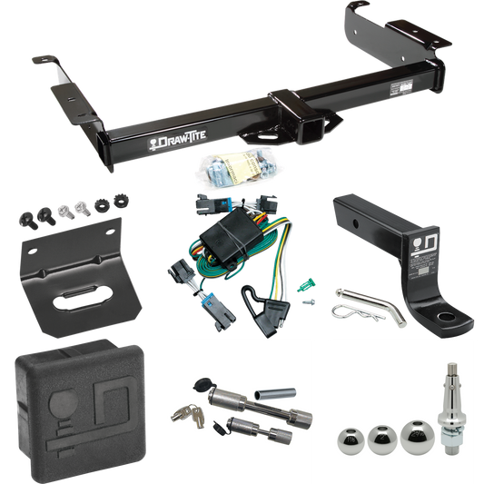 Fits 2000-2002 Chevrolet Express 3500 Trailer Hitch Tow PKG w/ 4-Flat Wiring + Ball Mount w/ 4" Drop + Interchangeable Ball 1-7/8" & 2" & 2-5/16" + Wiring Bracket + Dual Hitch & Coupler Locks + Hitch Cover By Draw-Tite